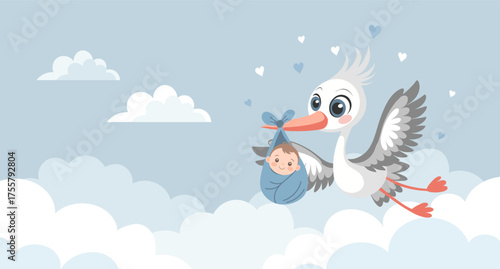 Baby shower invitation banner with stork carrying cute baby in bag for greeting card, baby album, boy birthday party.