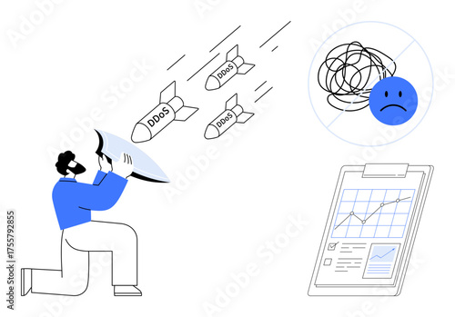Individual blocks incoming DDoS attack missiles with a shield, representing online security defense. Analytics clipboard, sad face, tangled lines highlight cybersecurity risks. Ideal for security