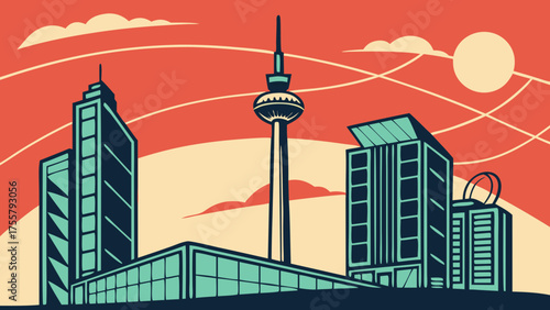 Art of toronto skyline with berlins fernsehturm focused in modern panorama. Suitable for travel and cityscape designs.