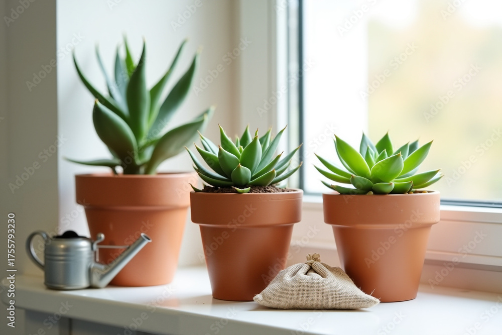 Fototapeta premium Potted succulent plants arranged on windowsill with watering can 