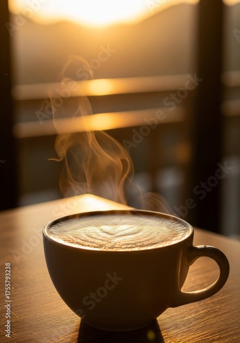 Coffee Cup Steaming at Sunset with Soft Warm Lighting and Wooden