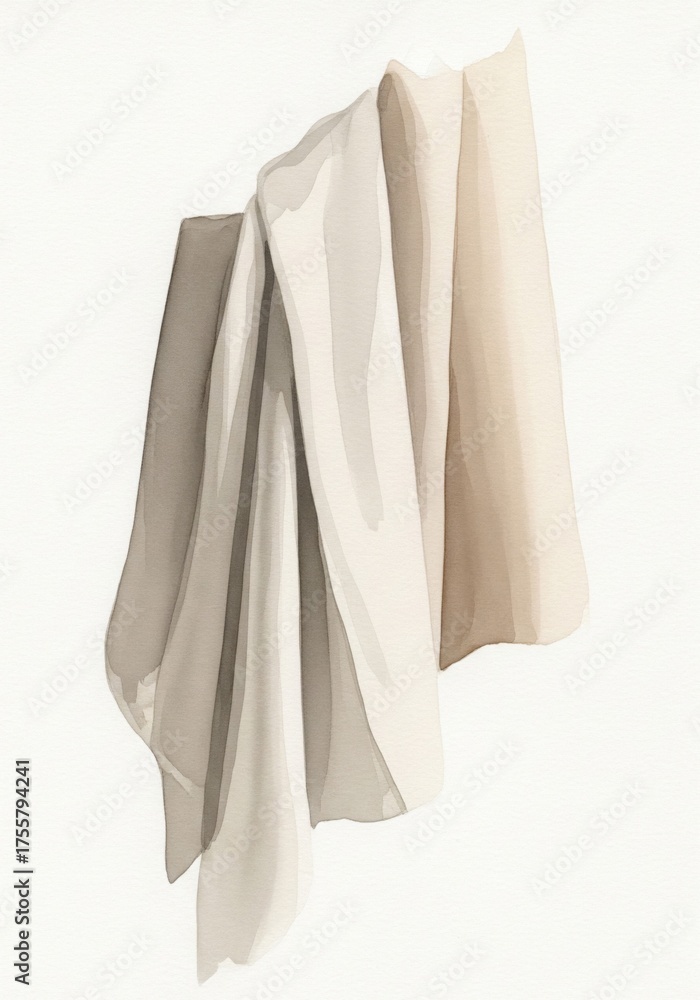 Fototapeta premium Watercolor Towels Stacked in Shades of Gray and Beige on White