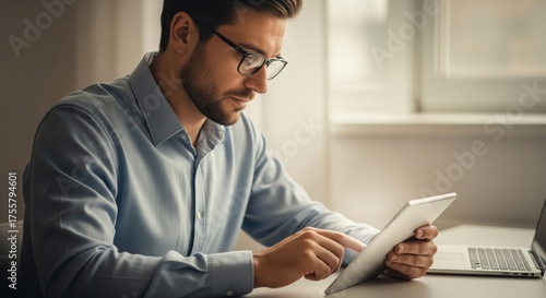 Man in Blue Shirt Using Tablet with Laptop in Home Office