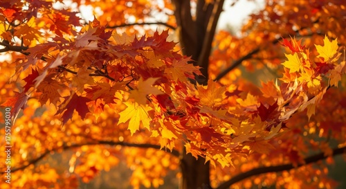 Golden Autumn Maple Leaves on Branch in Sunlight Natural Scenery
