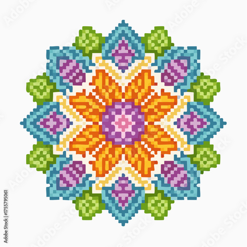 Pixel art mandala with vibrant colors and intricate design.