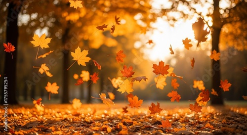 Autumn Leaves Falling with Golden Sunlight in Forest Park