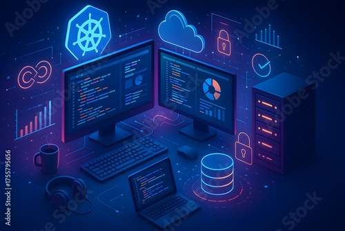 DevOps engineering workspace with dashboards servers cloud icons and kubernetes symbol