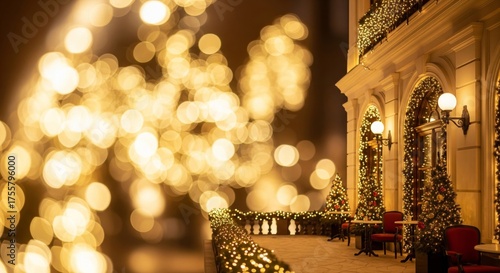 Illuminated Building Facade with Festive Christmas Decorations at