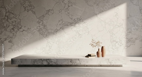 Minimalist Stone Platform Display with Brown Vases in Sunlight