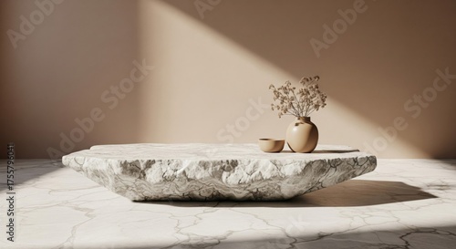 Minimalist Beige Studio with Stone Pedestal and Shadow Display