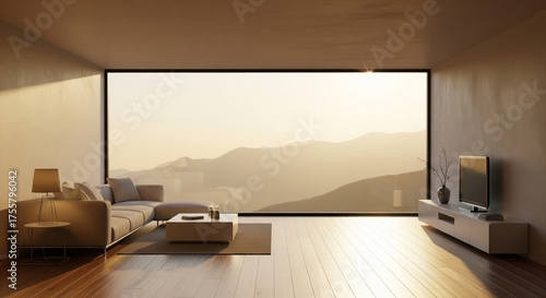 Warm Interior with Sofa and View of Distant Mountains at Sunset
