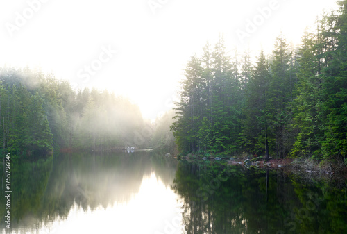 Calm, quiet lake in Lynn Headwaters Regional Park in North Vancouver
