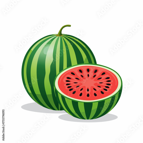 Illustration of a whole and a halved watermelon with seeds.