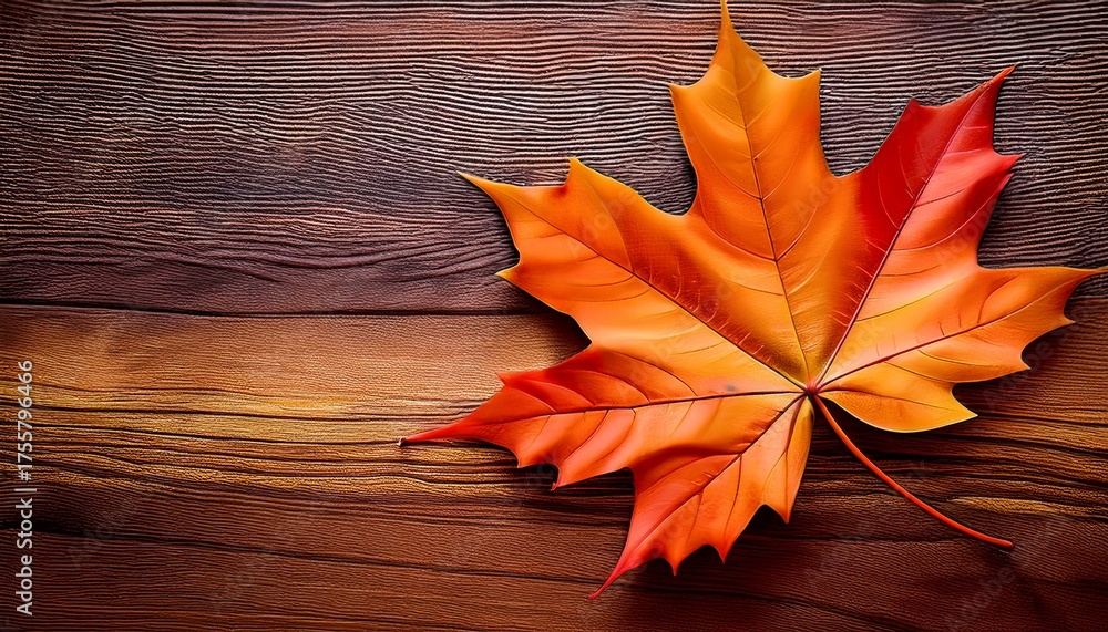 Obraz premium Fall Maple Leaf On Wooden Table Background Texture