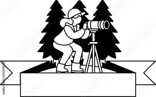 black and white logotype of A woman is taking a picture of trees with a camera
