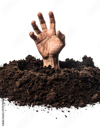 Hand emerges from dark soil, isolated on a bright white background