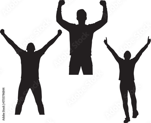 Silhouettes of triumphant people with arms raised in jubilation, embodying success, victory, and the exhilarating feeling of achievement and freedom. Vector illustration
