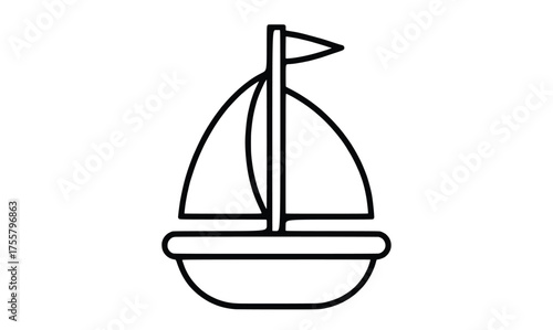 Old wooden toy model of a vintage sailing ship on the sea, an isolated vector drawing of a small sailboat or pirate vessel