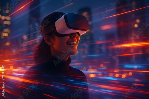 Excited young woman enjoying immersive virtual reality experience at night