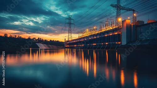 Tranquil Power Plant at Dusk with Reflective Water and Lighting