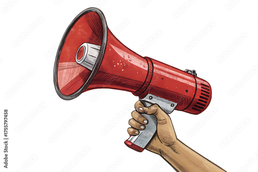 Naklejka premium Hand holding a classic red megaphone for amplification and communication isolated on transparent background isolated on white background