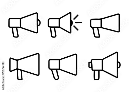 Collection of six simple outline megaphone vector icons for communication and announcement designs