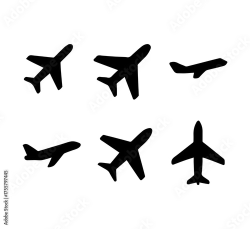 Set of six diverse silhouette airplane icons vector graphics for travel and aviation themes