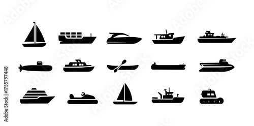 Diverse collection of nautical and watercraft vector illustrations and icons scalable for various projects