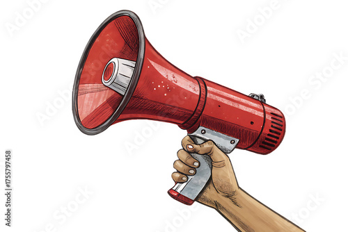 Hand holding a classic red megaphone for amplification and communication isolated on transparent background isolated on white background