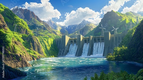 Scenic Hydroelectric Dam Surrounded by Lush Green Mountains