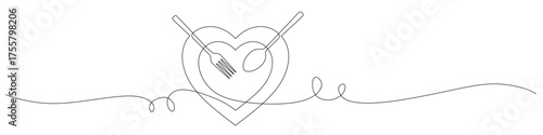 Continuous line art of a set of cutlery consisting of a heart-shaped plate, spoon, and fork. This icon is for a restaurant sticker or banner. Vector illustration.