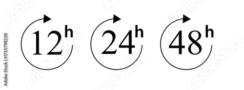 Hour icon 12, 24, 48 and 72 hours clock arrow. Fast service Work time effect or delivery service time icons 24 hours sign. Vector