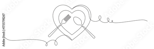 Continuous line art of a set of cutlery consisting of a heart-shaped plate, spoon, and fork. This icon is for a restaurant sticker or banner. Vector illustration.