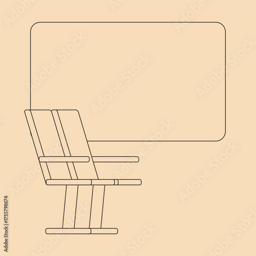 Vector isolated illustration with 2 seats in train carriage near big window. Beige background and black outline. Icon scene about adventure of trip, comfort journey in public transport