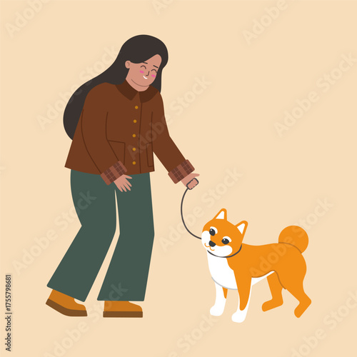 Vector illustration with happy young woman training dog outdoor. Owner cares about pet, play with siba inu for his health and looks happy. Flat cartoon characters in autumn cozy style
