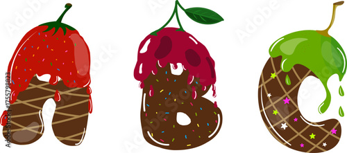 Colorful letters A, B, and C made of chocolate-covered fruits. The letter A is a strawberry, B is a cherry, and C is a chocolate donut with sprinkles