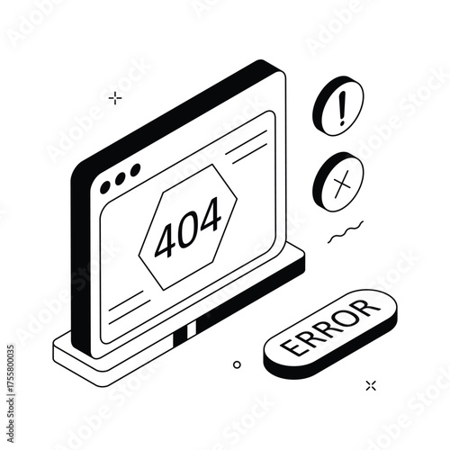 Modern isometric illustration showing a 404 page not found error for web design