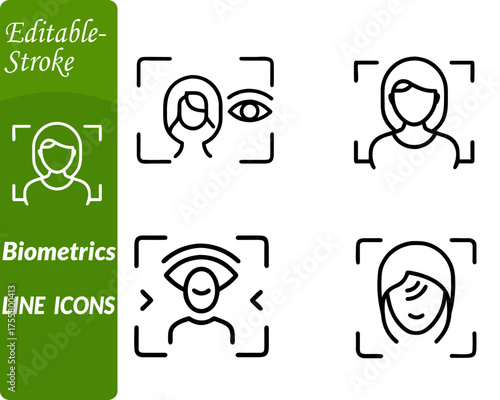 Biometrics icon showing a fingerprint. facial recognition outline eye iris scan framed within a tech-style circle. Represents identity verification secure access and authentication systems in a clean.