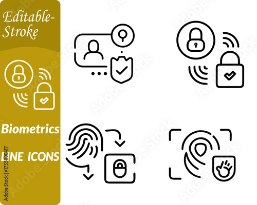 Biometrics icon showing a fingerprint. facial recognition outline eye iris scan framed within a tech-style circle. Represents identity verification secure access and authentication systems in a clean.