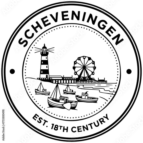 Scheveningen Emblem Featuring Lighthouse, Ferris Wheel, and Coastal Pier