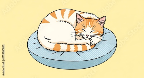 Cute Sleeping Cat Cartoon Illustration Resting On Pillow Graphic Feline Pet Animal Domestic Relaxed Kitten Nap Isolated