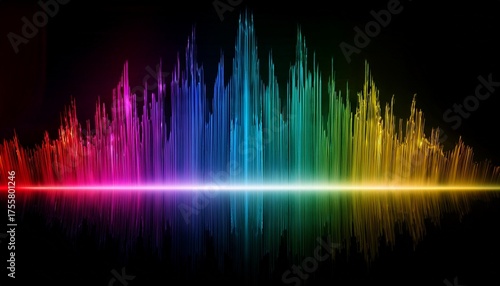 Colorful Audio Waveform On Black Background Rainbow Spectrum Sound Visualization Music Equalizer Digital Audio Technology Concept For Electronic Dance Music Or Audio Editing