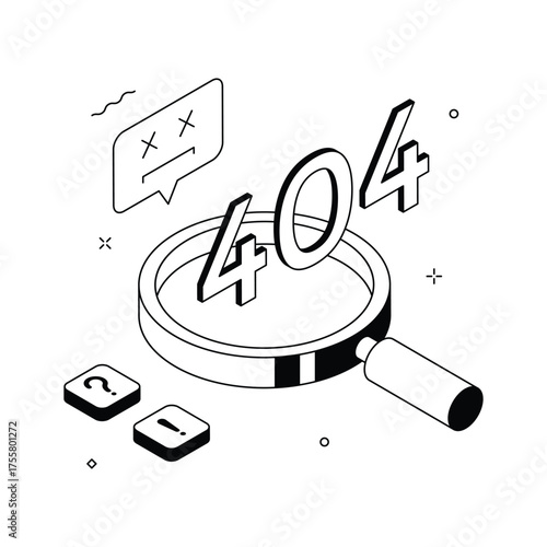 Creative 3D magnifier concept showing 404 page not found website illustration.