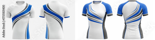 Digital mockup set of men's athletic t-shirts with dynamic blue and grey stripe patterns for custom sportswear apparel design