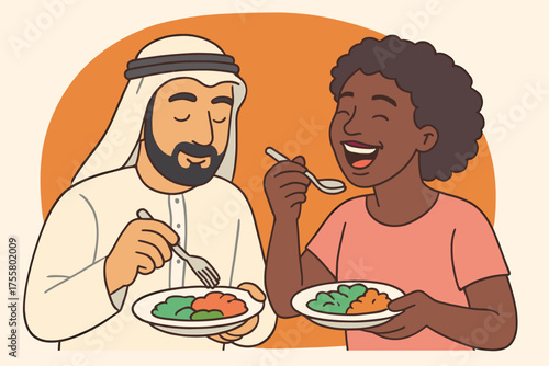 Arab man and African woman enjoying food together - multicultural dining, friendship, food culture