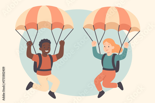 Skydiving friends - African American and Caucasian enjoying parachuting - adventure, freedom, thrill