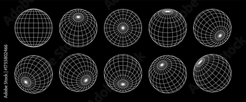 Earth globe grid spheres PNG. Striped 3D geometry globe wireframe vector illustration set