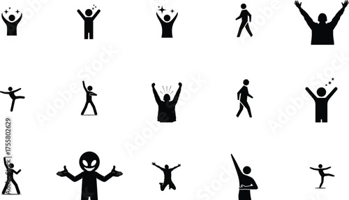  Diverse Human Figures Silhouettes Collection Expressing Joy Excitement Success Achievement Posing Different Actions