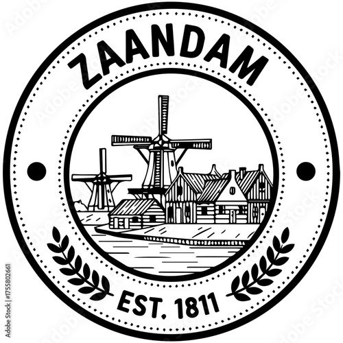 Zaandam Emblem Featuring Windmills, Traditional Houses, and Waterway Scene
