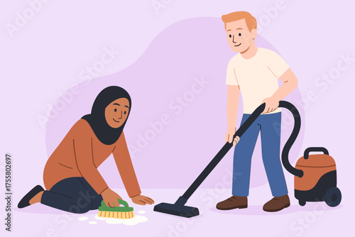 Arab woman and Caucasian man cleaning together - teamwork, household chores, domestic help, housework
